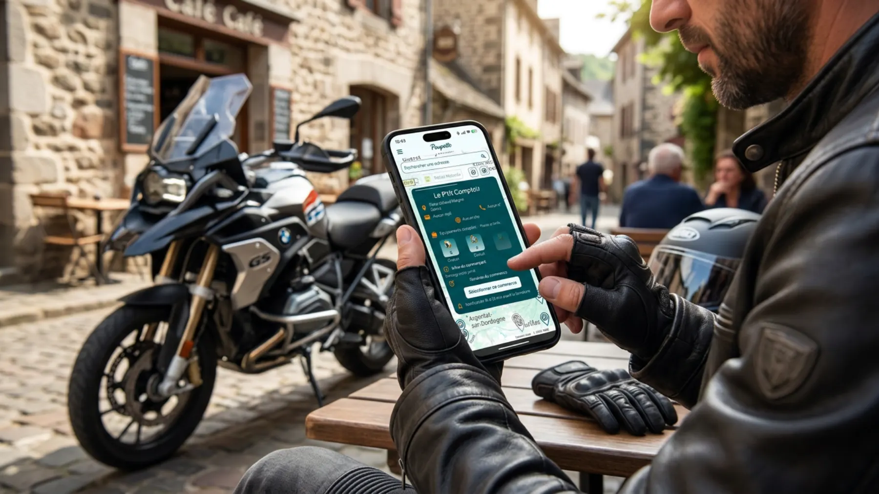 Un motard consulte l'application Poupette sur son téléphone