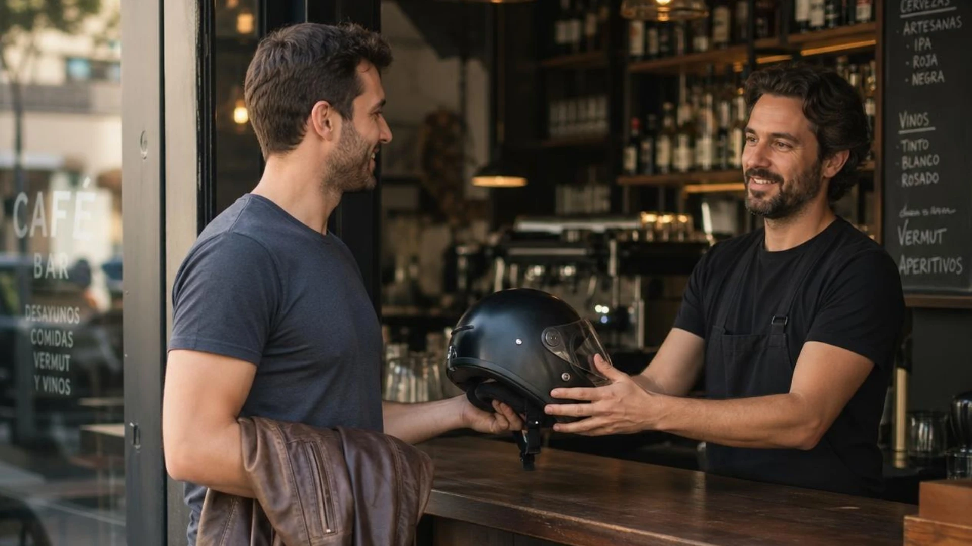 Un motard confie son casque au barman d'un café partenaire